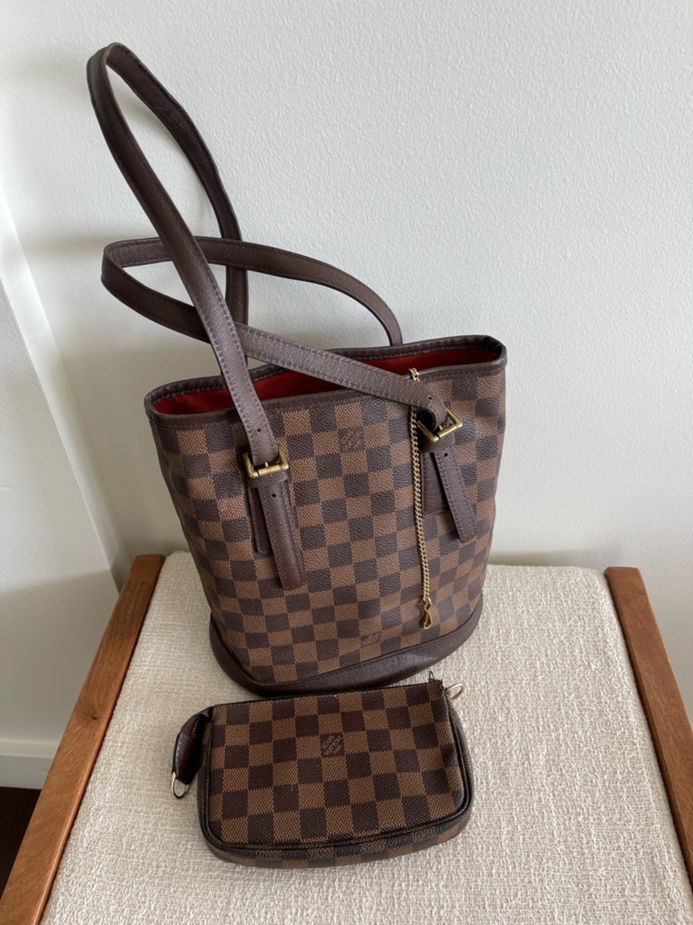 Louis Vuitton Damier Ebene Bucket Tote w/ Pochette Accessories
